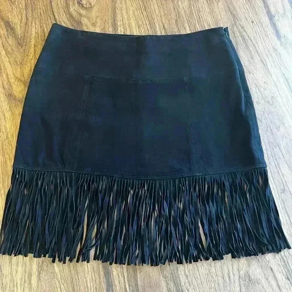 Joie Lozita Leather Fringe Suede Skirt Caviar Black-Sz 12